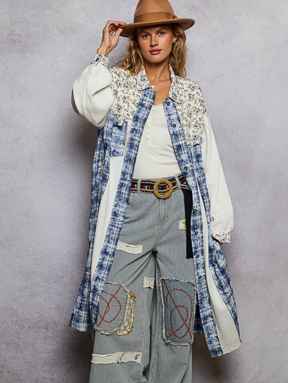POL Mixed Print Longline Duster Jacket - Ivory